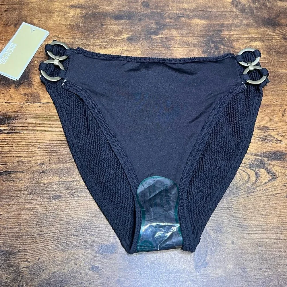 Michael Kors High-Leg Bikini Bottoms in Black with Ring Gold Chain Accents. NWT!